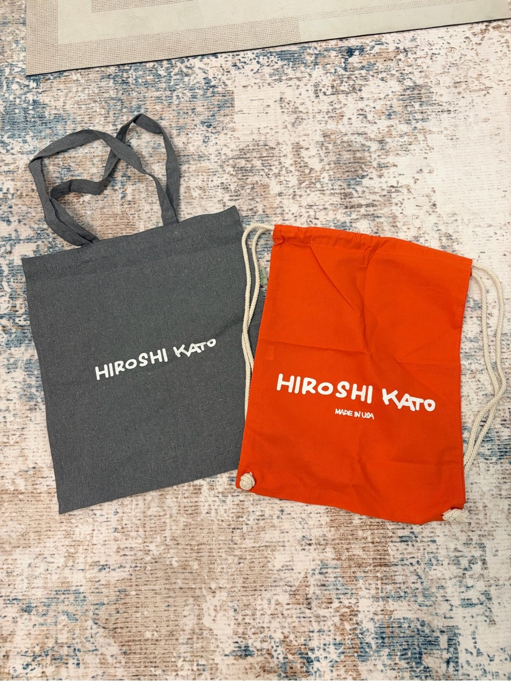 Hiroshi Kato Men's Canvas Tote & Drawstring Bag Set in Gray and Orange